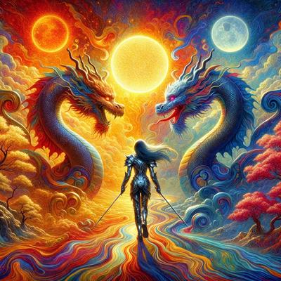 The primary subject of the image is a woman walking through a colorful, artistic landscape. She is holding a sword and appears to be the main focus of the scene. The setting is a vibrant, surreal environment with a mix of natural elements and fantastical creatures. The visual style is a combination of digital art and illustration, creating a unique and captivating atmosphere. The colors and mood of the image are lively and energetic, with a strong emphasis on the woman's journey and the captivating world she inhabits.